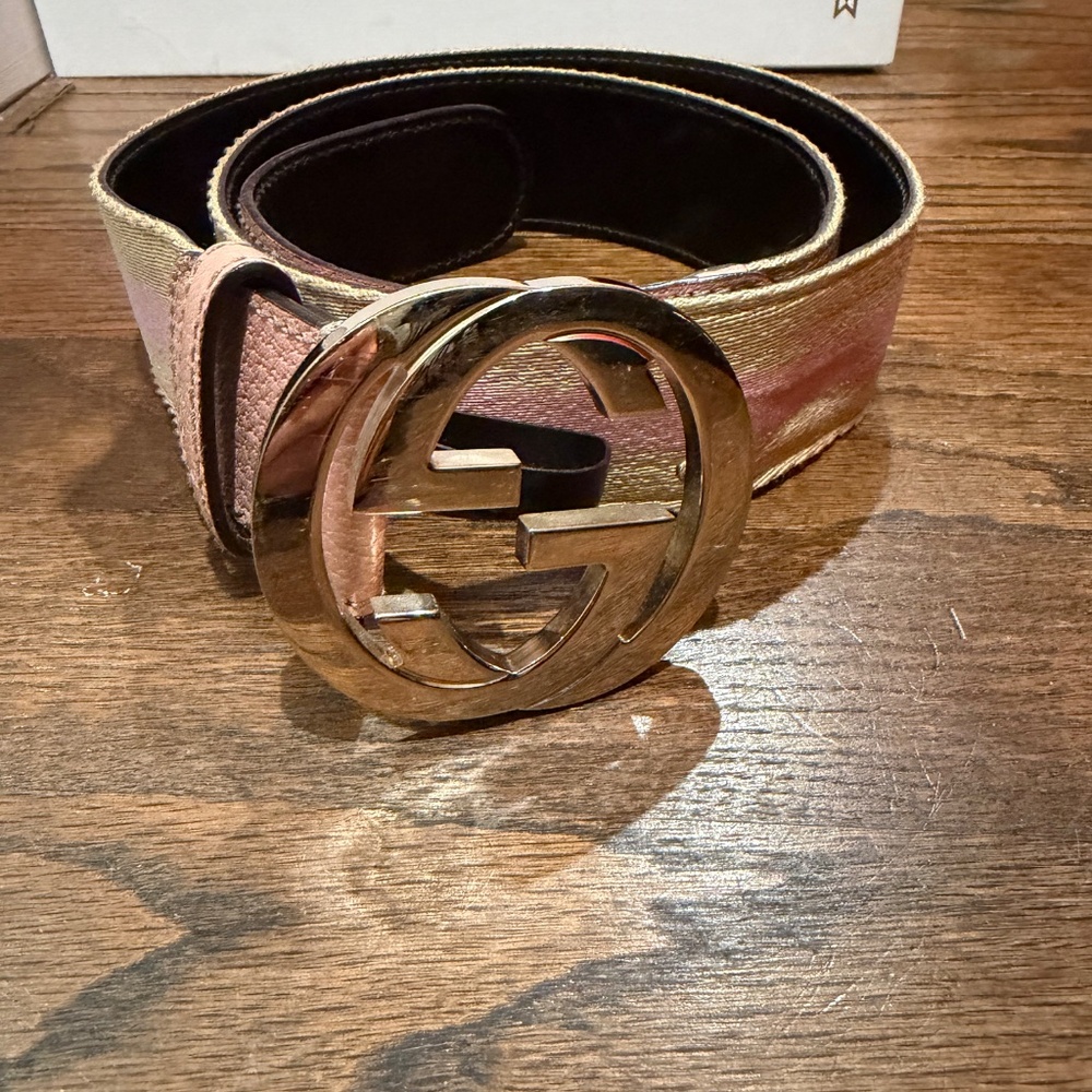 Gucci Interlocking GG Canvas Belt Pink & Beige Leather Trim